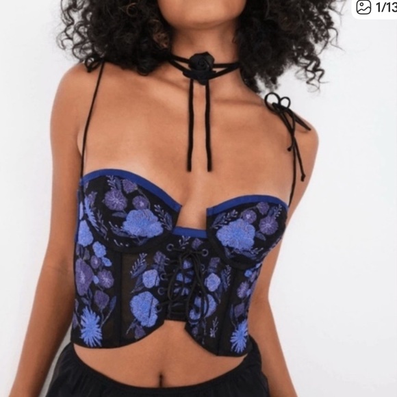 For Love And Lemons NWT Kaylee Embroidered Purple/Black XS Bustier Crop Top